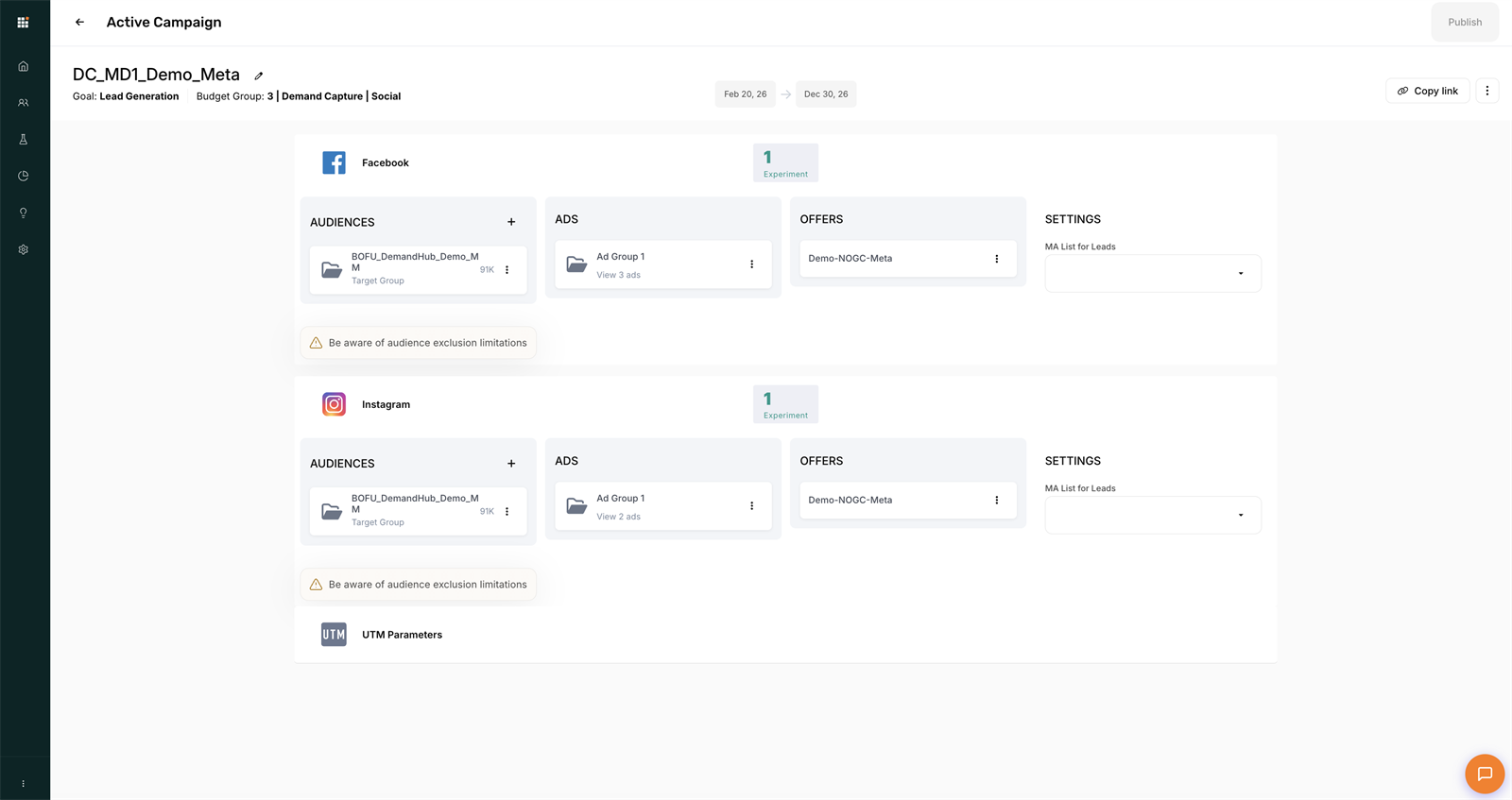 Metadata draft campaign review screen with audiences, ads, offers, budget controls, and launch approval
