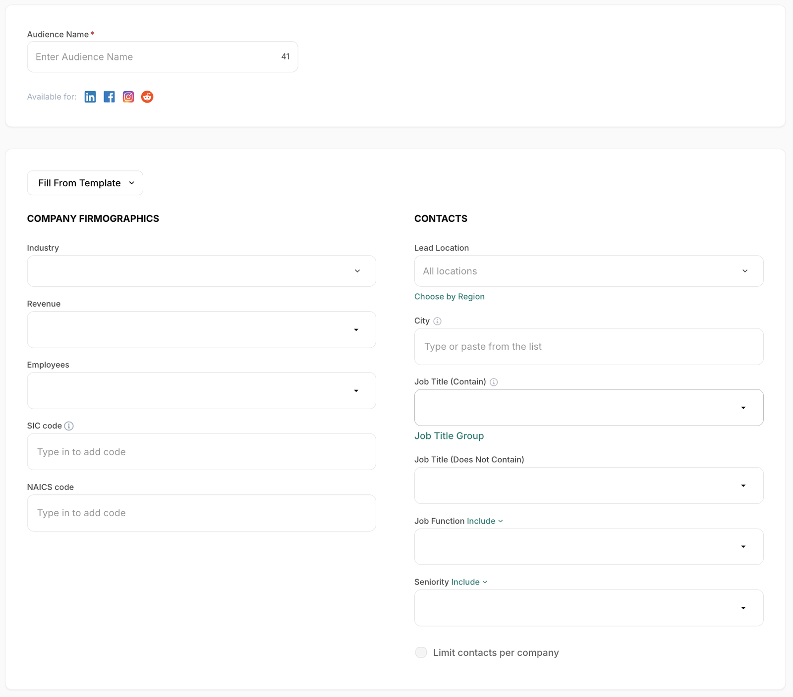 Metadata audience builder with company firmographics and contact targeting criteria
