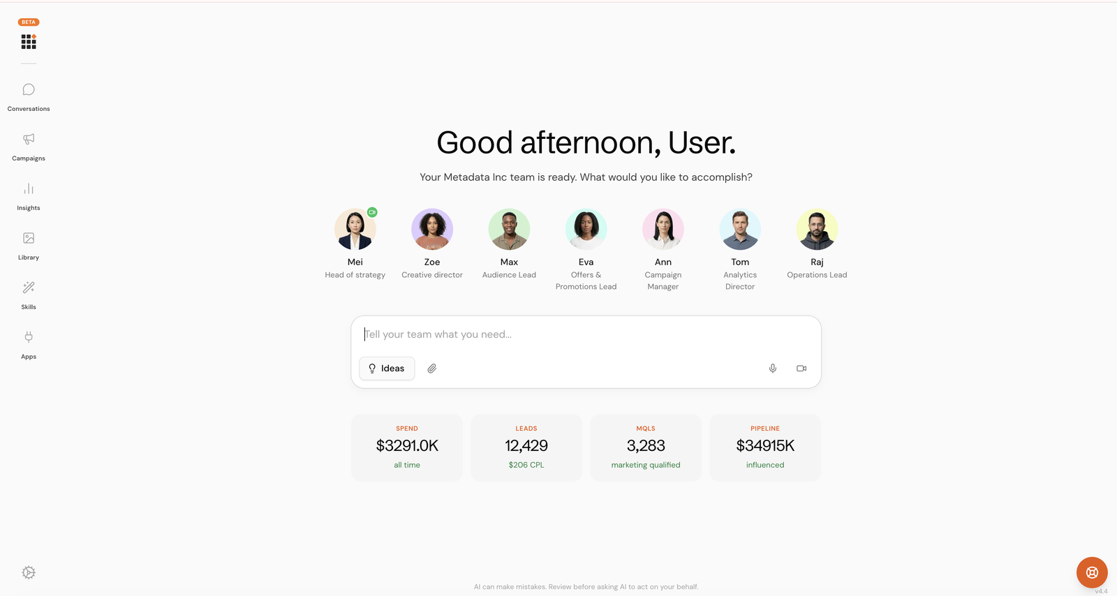 The Metadata product home showing your AI GTM team and live pipeline metrics